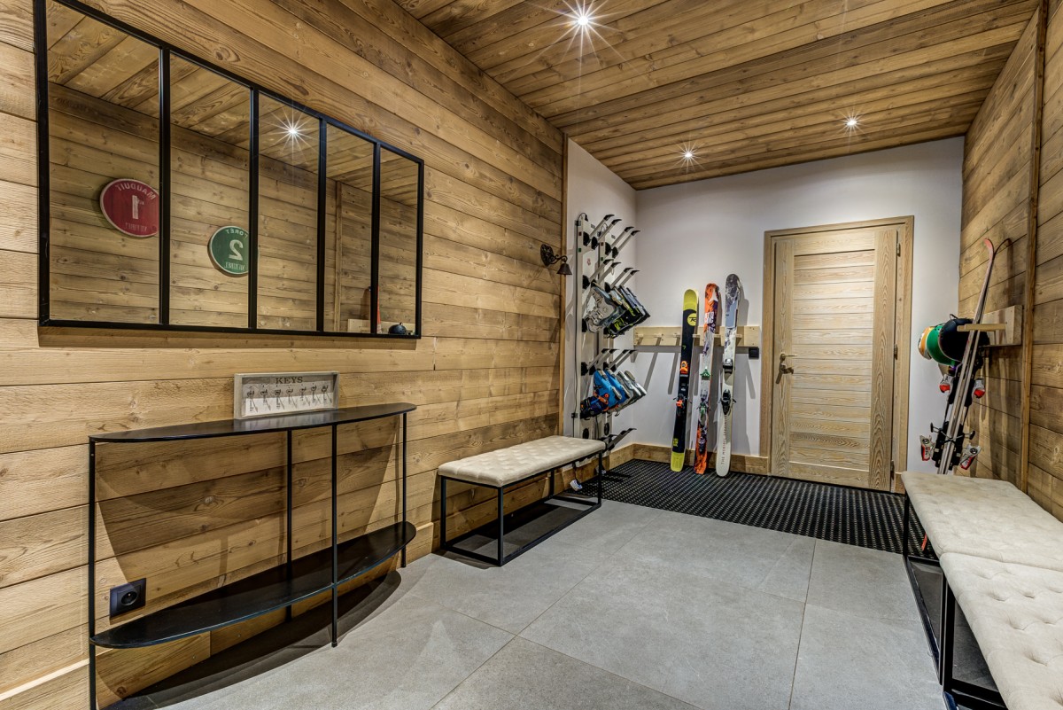 The ski and boot room in Chalet Phoebe in Meribel