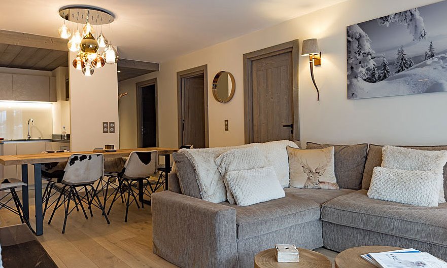 The comfortable Living and Dining areas in Apartment La Suite in Meribel