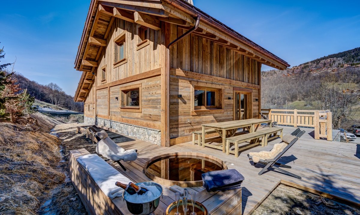 The Terrace with hot tub at Chalet Bergeronnette in Meribel Nantgerel