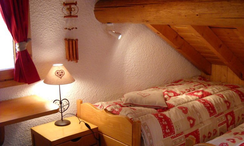 Twin bedroom under eaves in chalet La Fugue Meribel