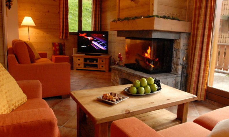 Chalet L'Arclusaz Lounge with Roaring Fire