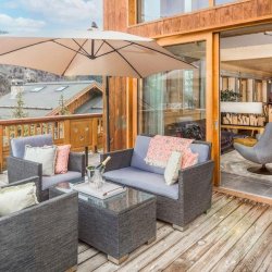 The Terrace seating area at Chalet Bellacima Lodge in Meribel