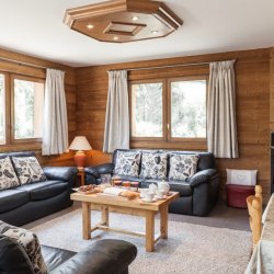 Living room and fireplace in Chalet Charmille, Meribel